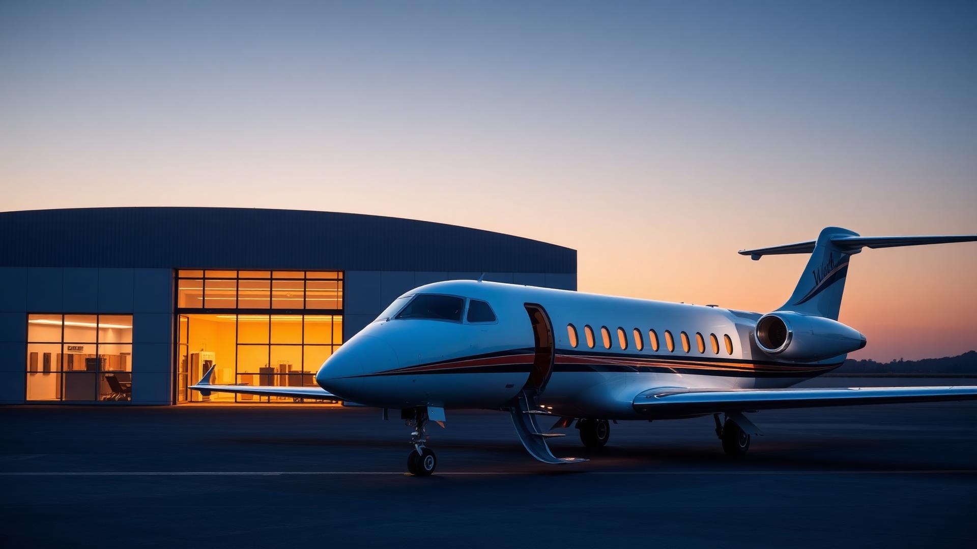 Private jet at exclusive FBO terminal lounge at twilight