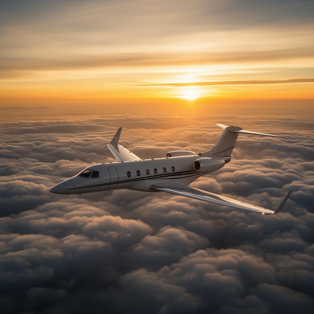 Private jet flying above clouds at sunset
